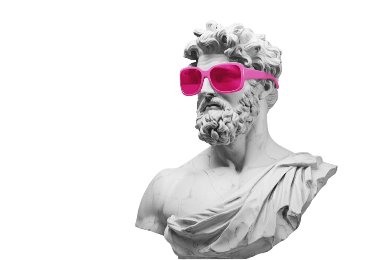Strategic Mood — busto estoico con gafas rosas